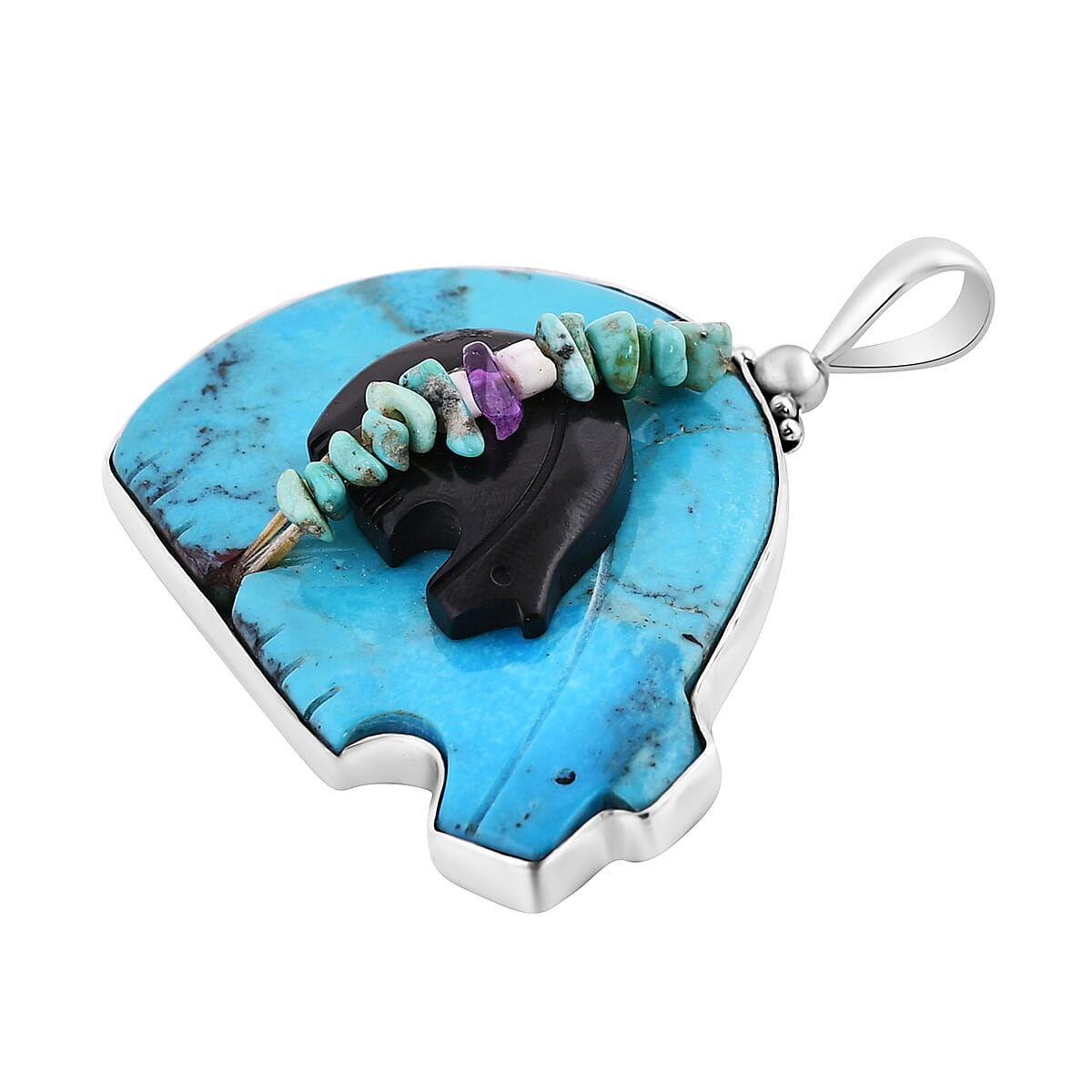 Sajen Silver Blue Turquoise and Multi Gemstone Bear Pendant in Sterling Silver 112.50 ctw image number 3