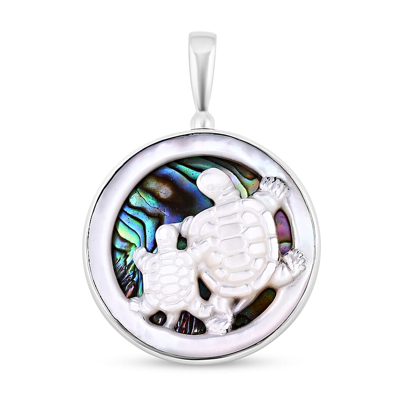 Sajen Silver Mother Of Pearl Carved and Abalone Shell Turtle Pendant in Sterling Silver