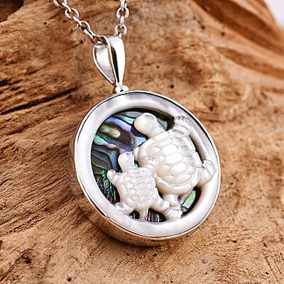 Sajen Silver Mother Of Pearl Carved and Abalone Shell Turtle Pendant in Sterling Silver
