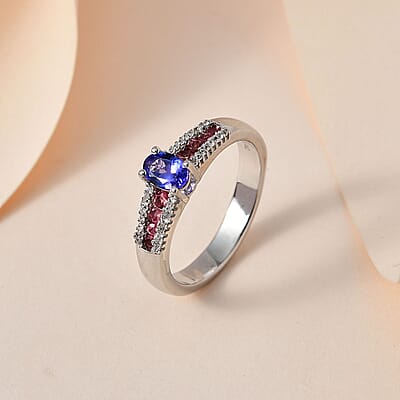 AAA Tanzanite and Multi Gemstone Ring in Platinum Over Sterling Silver (Size 10.0) 0.90 ctw
