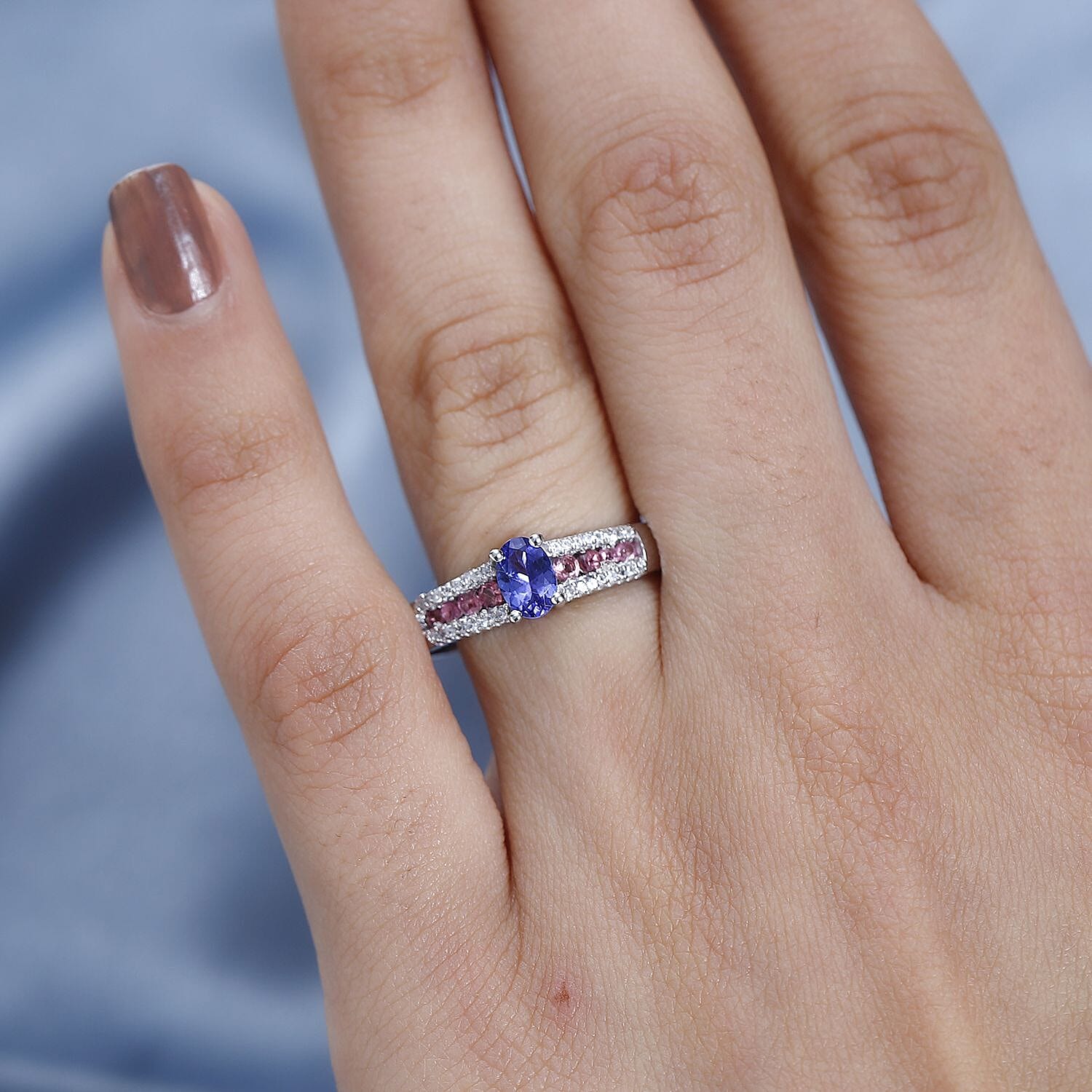 AAA Tanzanite and Multi Gemstone Ring in Platinum Over Sterling Silver (Size 10.0) 0.90 ctw