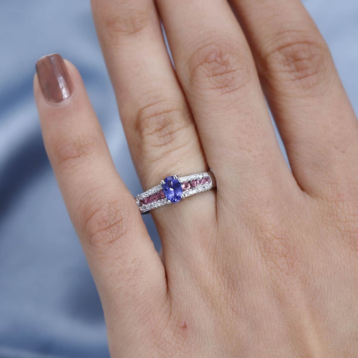 AAA Tanzanite and Multi Gemstone Ring in Platinum Over Sterling Silver (Size 10.0) 0.90 ctw image number 2