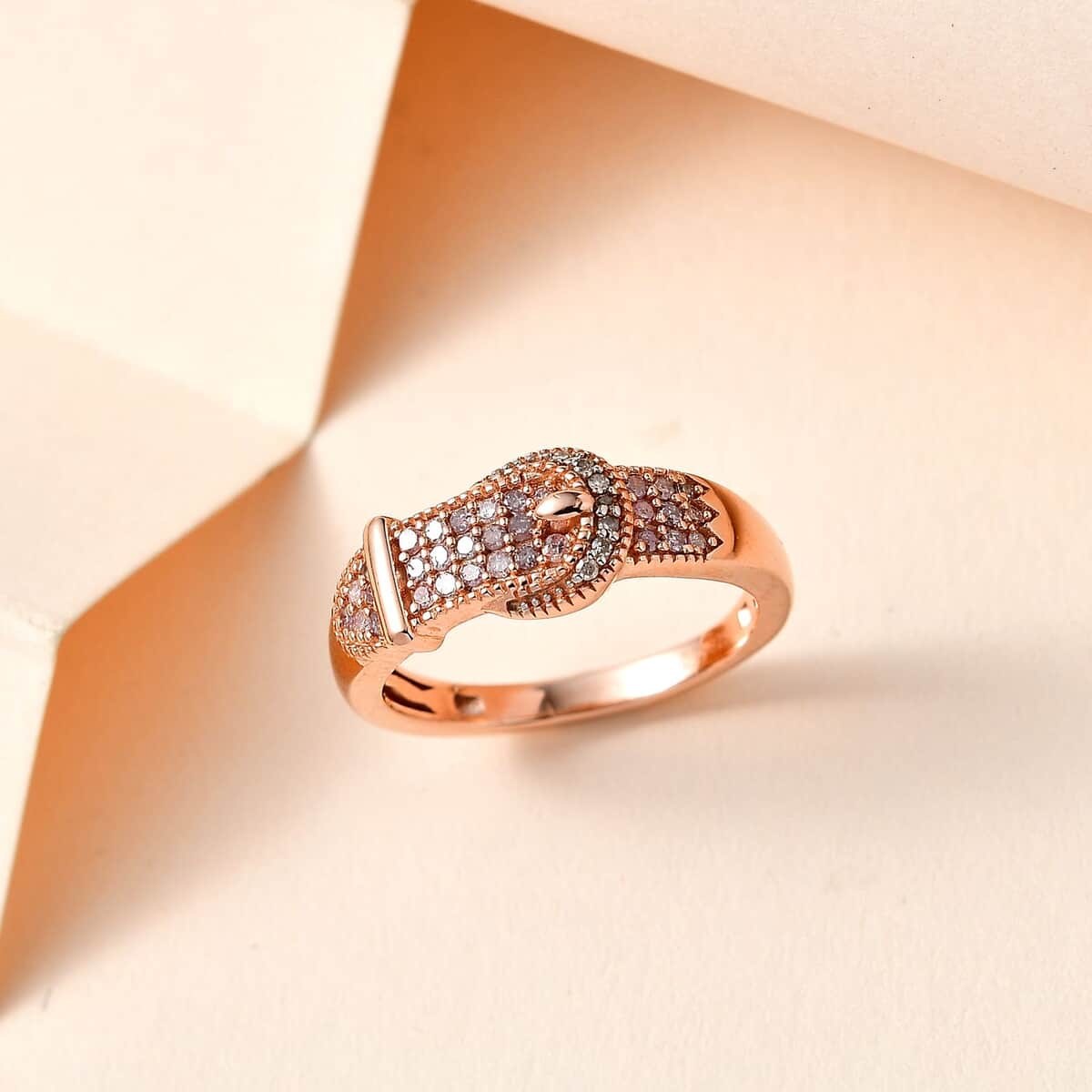 Natural Pink and White Diamond I3 Buckle Ring in Vermeil Rose Gold Over Sterling Silver (Size 6.0) 0.25 ctw image number 1