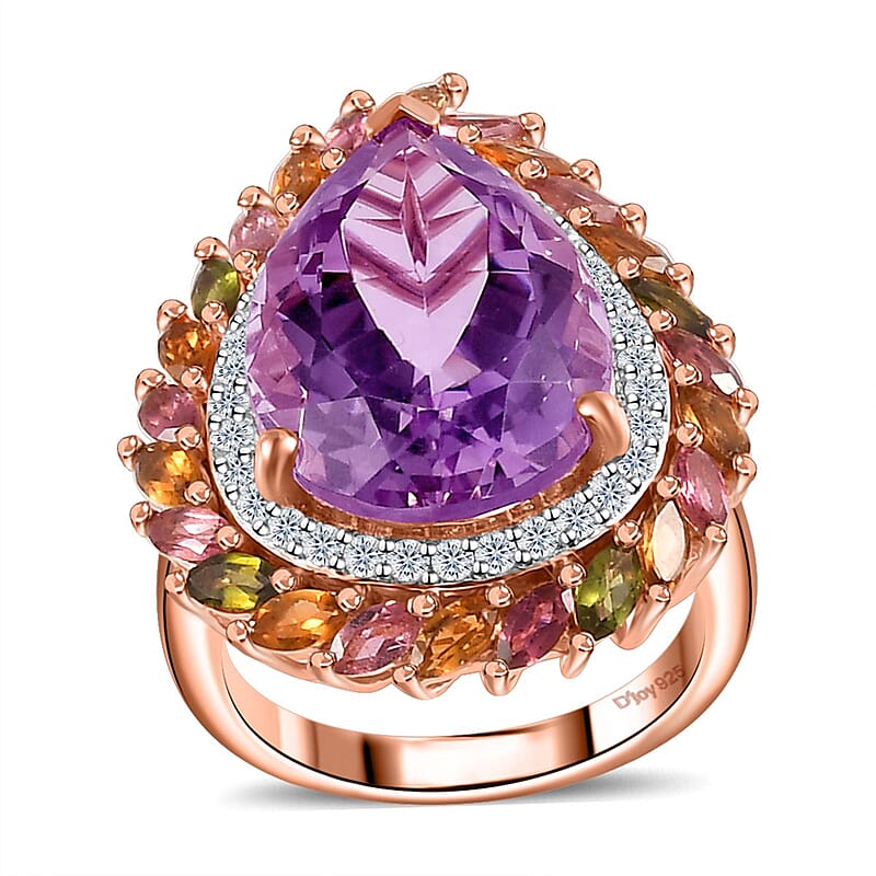 Rose De France Amethyst and Multi Gemstone 13.50 ctw Ring in Vermeil Rose Gold Over Sterling Silver (Size 10.0)