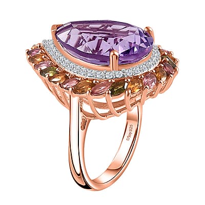 Rose De France Amethyst and Multi Gemstone 13.50 ctw Ring in Vermeil Rose Gold Over Sterling Silver (Size 10.0)