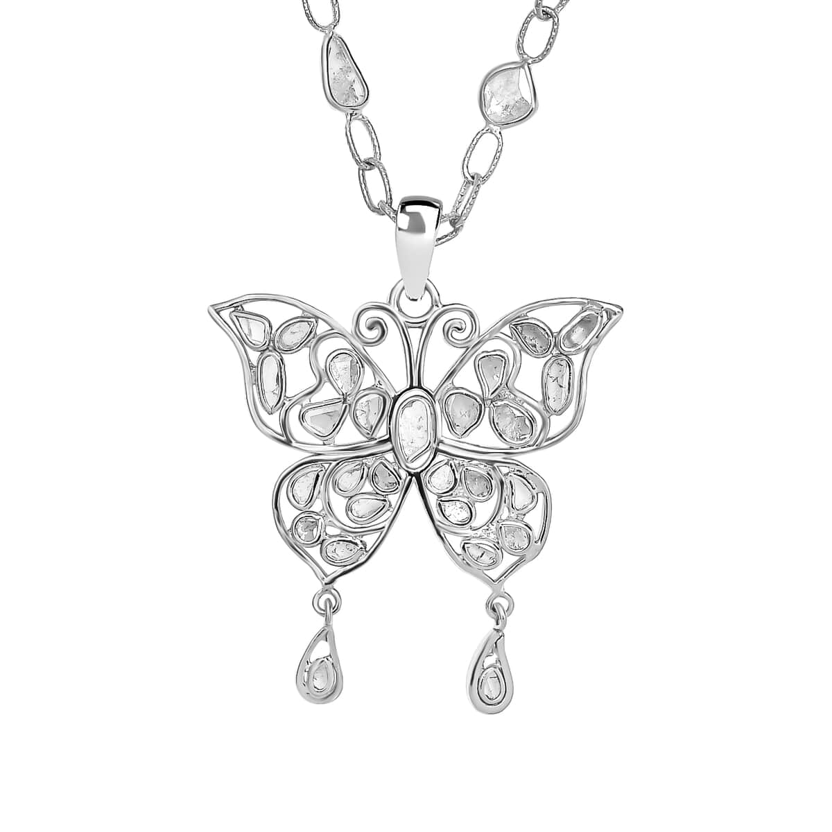 GP Trionfo Collection Polki Diamond Butterfly Necklace 18-20 Inches in Platinum Over Sterling Silver 3.50 ctw image number 0