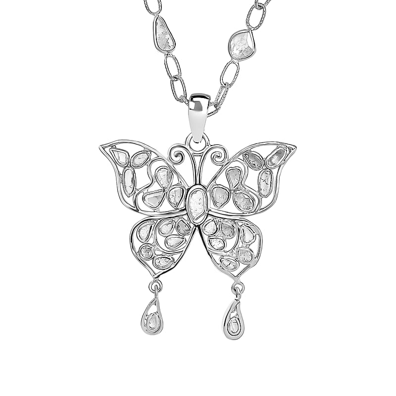 GP Trionfo Collection Polki Diamond Butterfly Necklace 18-20 Inches in Platinum Over Sterling Silver 3.50 ctw