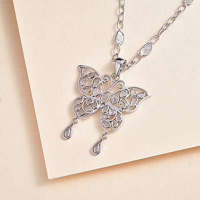 GP Trionfo Collection Polki Diamond Butterfly Necklace 18-20 Inches in Platinum Over Sterling Silver 3.50 ctw