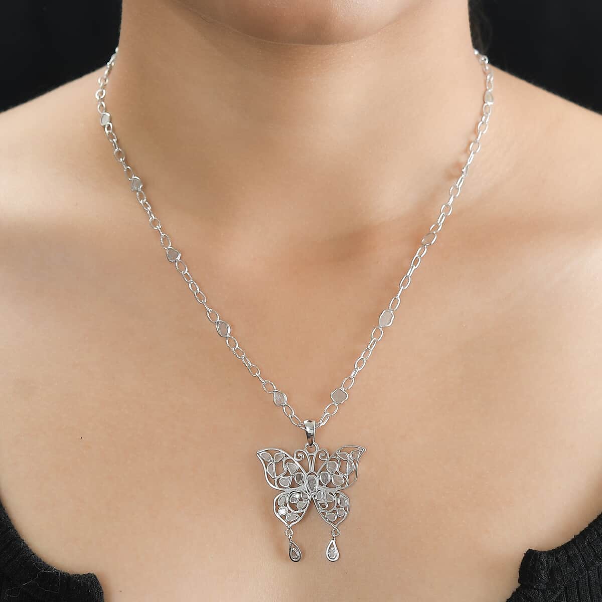 GP Trionfo Collection Polki Diamond Butterfly Necklace 18-20 Inches in Platinum Over Sterling Silver 3.50 ctw image number 2