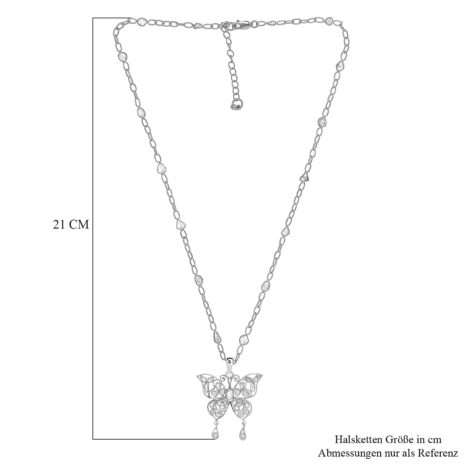 GP Trionfo Collection Polki Diamond Butterfly Necklace 18-20 Inches in Platinum Over Sterling Silver 3.50 ctw