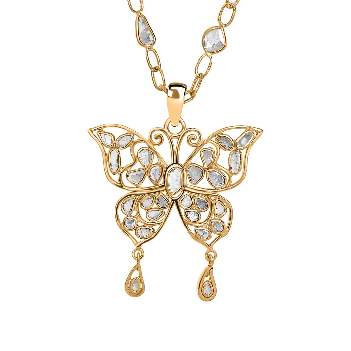 GP Trionfo Collection Polki Diamond Butterfly Necklace 18-20 Inches in Vermeil Yellow Gold Over Sterling Silver 3.50 ctw image number 0