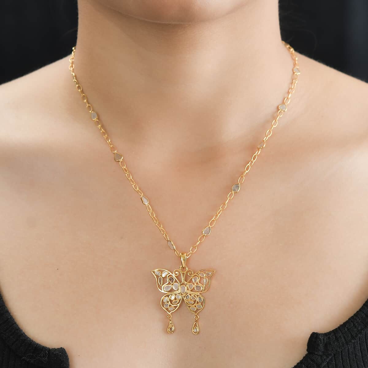 GP Trionfo Collection Polki Diamond Butterfly Necklace 18-20 Inches in Vermeil Yellow Gold Over Sterling Silver 3.50 ctw image number 2