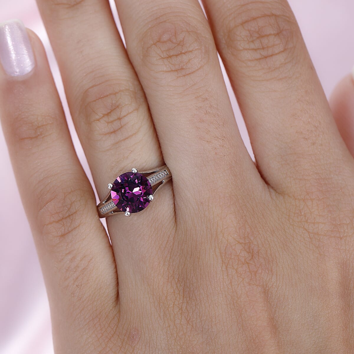 Designer Premium Foilback Amethyst Color Austrian Crystal Solitaire Ring in Platinum Over Sterling Silver (Size 10.0) image number 2