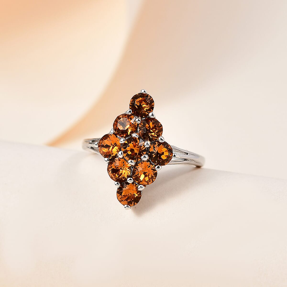 Designer Premium Topaz Color Austrian Crystal Elongated Ring in Platinum Over Sterling Silver (Size 5.0) image number 1