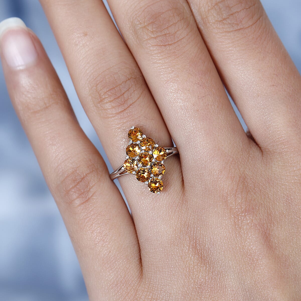 Designer Premium Topaz Color Austrian Crystal Elongated Ring in Platinum Over Sterling Silver (Size 5.0) image number 2