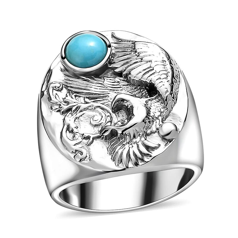 Sleeping Beauty Turquoise Eagle Men's Ring in Stainless Steel (Size 9.0) 0.85 ctw