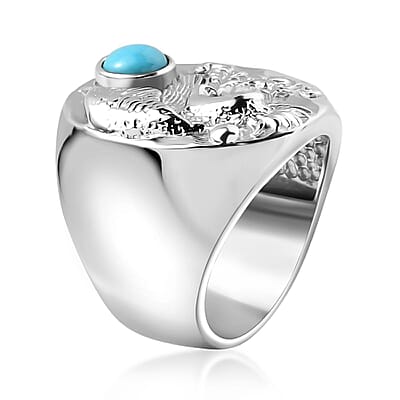 Sleeping Beauty Turquoise Eagle Men's Ring in Stainless Steel (Size 9.0) 0.85 ctw