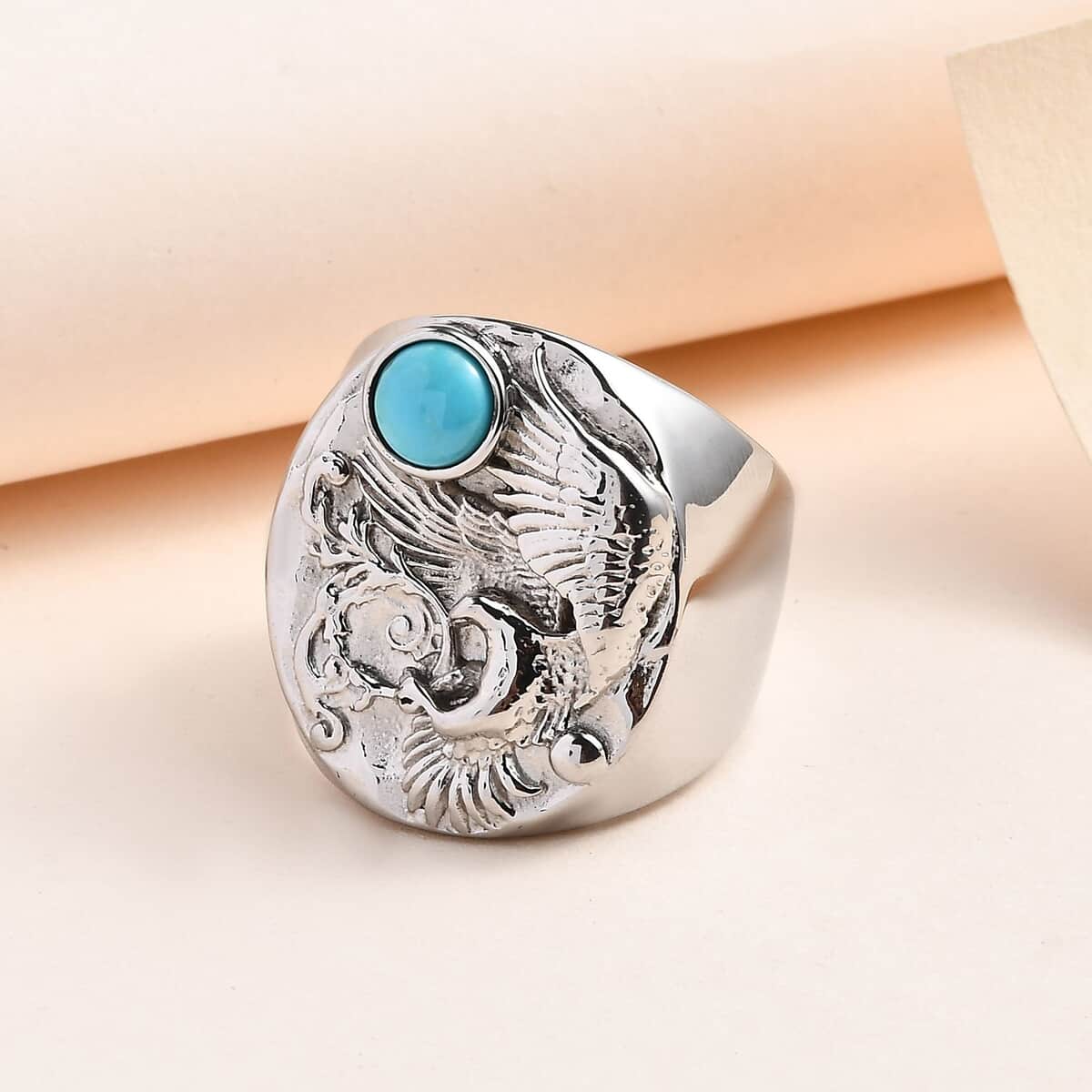 Sleeping Beauty Turquoise Eagle Men's Ring in Stainless Steel (Size 12.0) 0.85 ctw image number 1