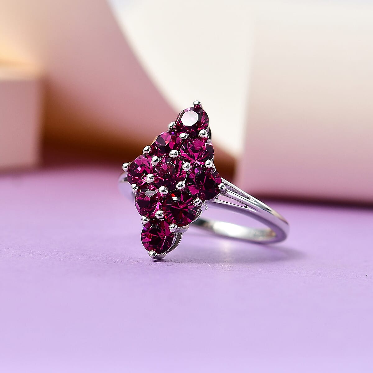 Designer Premium Fuchsia Color Austrian Crystal Elongated Ring in Platinum Over Sterling Silver (Size 7.0) image number 1