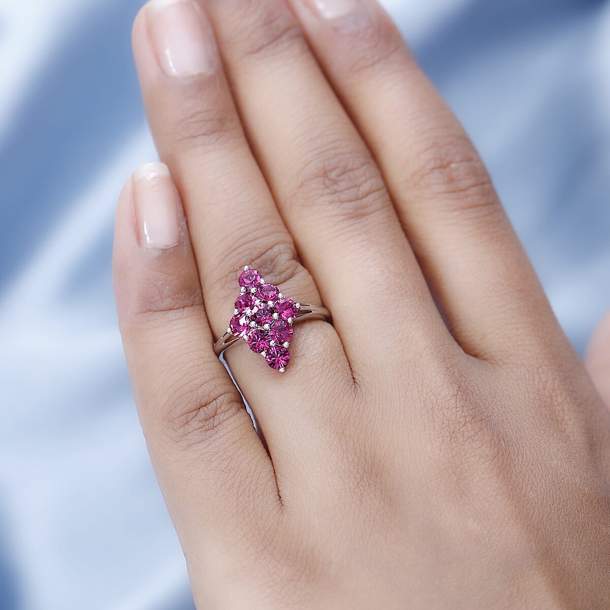 Designer Premium Fuchsia Color Austrian Crystal Elongated Ring in Platinum Over Sterling Silver (Size 7.0) image number 2