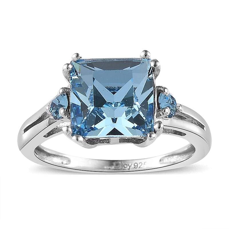 Designer Premium Aquamarine Color Austrian Crystal Ring in Platinum Over Sterling Silver (Size 10.0)