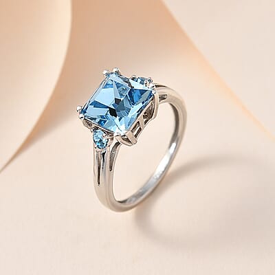 Designer Premium Aquamarine Color Austrian Crystal Ring in Platinum Over Sterling Silver (Size 10.0)