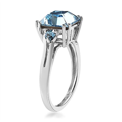 Designer Premium Aquamarine Color Austrian Crystal Ring in Platinum Over Sterling Silver (Size 10.0)