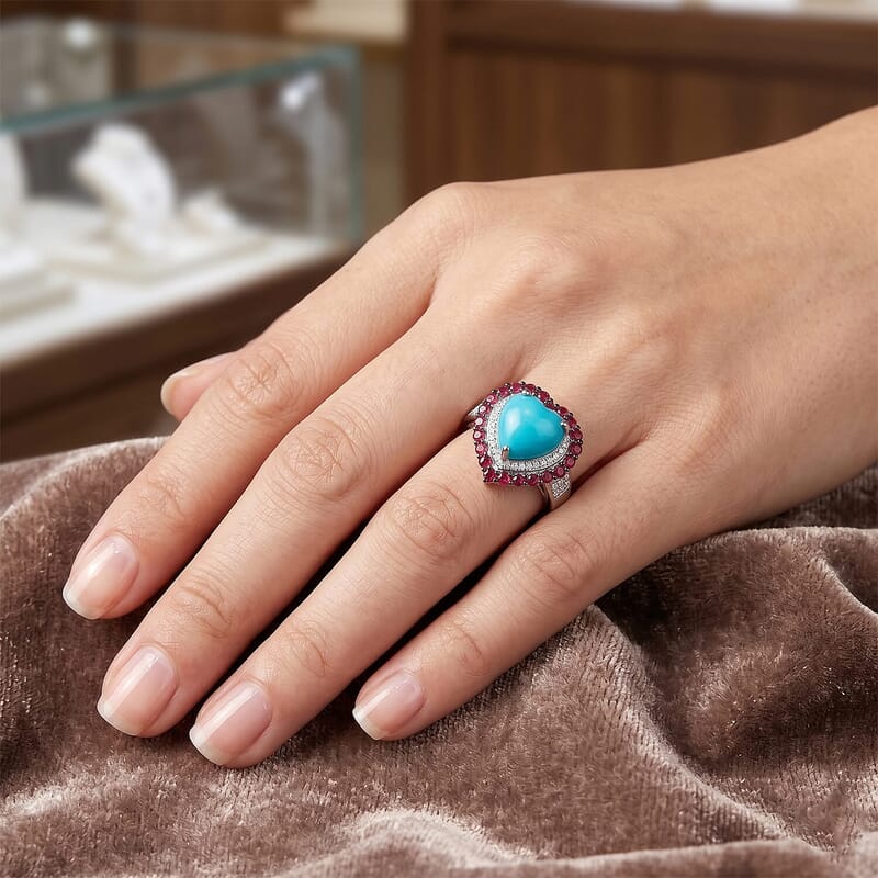 Premium Sleeping Beauty Turquoise and Multi Gemstone 6.40 ctw Ring in Rhodium Over Sterling Silver (Size 5.0)
