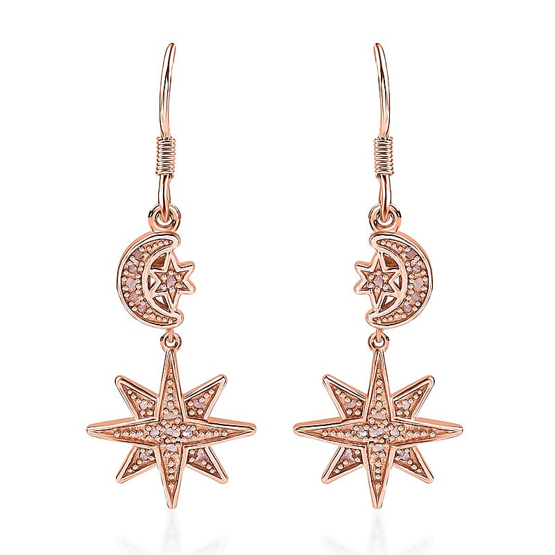 Uncut Natural Pink Diamond Moon Star Earrings in Vermeil RG Over Sterling Silver 0.25 ctw