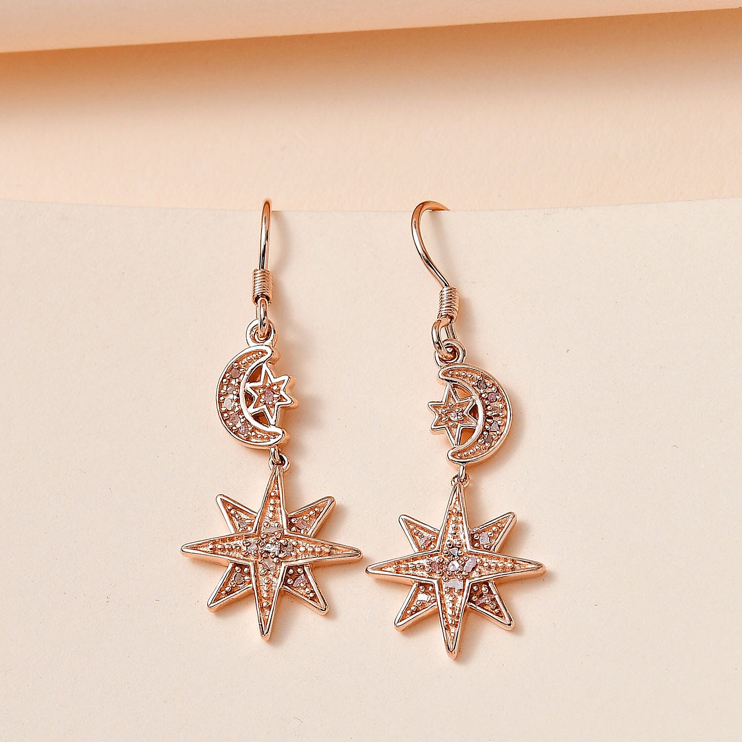 Uncut Natural Pink Diamond Moon Star Earrings in Vermeil RG Over Sterling Silver 0.25 ctw