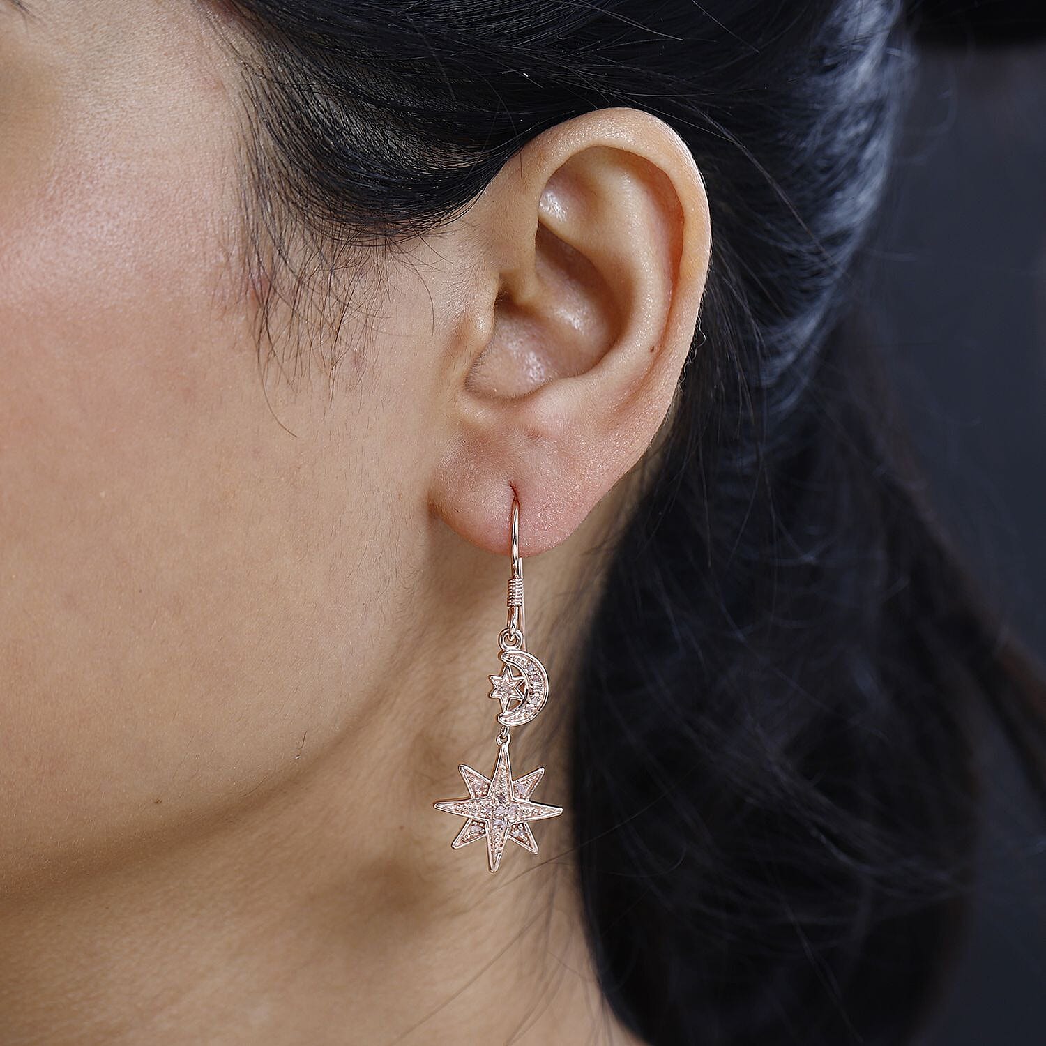 Uncut Natural Pink Diamond Moon Star Earrings in Vermeil RG Over Sterling Silver 0.25 ctw