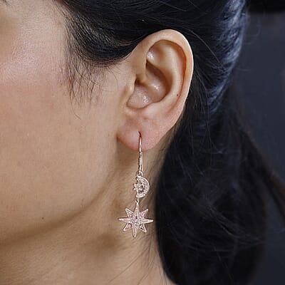 Uncut Natural Pink Diamond Moon Star Earrings in Vermeil RG Over Sterling Silver 0.25 ctw