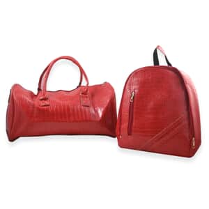 Set of 2pcs Red Faux Leather Embossed Pattern Duffle Bag and Backpack