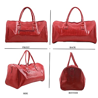 Set of 2pcs Red Faux Leather Embossed Pattern Duffle Bag and Backpack