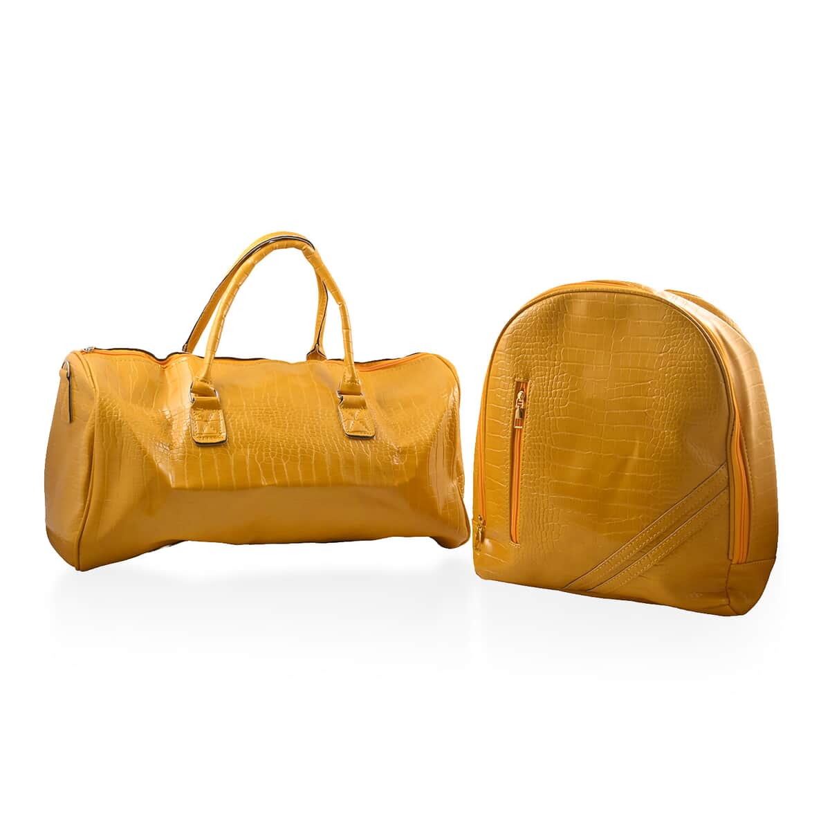 Set of 2pcs Yellow Mustard Faux Leather Embossed Pattern Duffle Bag and Backpack image number 0