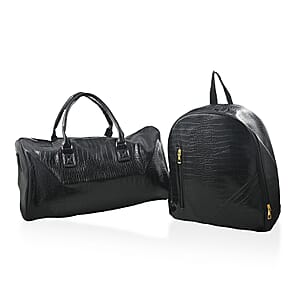 Set of 2pcs Black Faux Leather Embossed Pattern Duffle Bag and Backpack