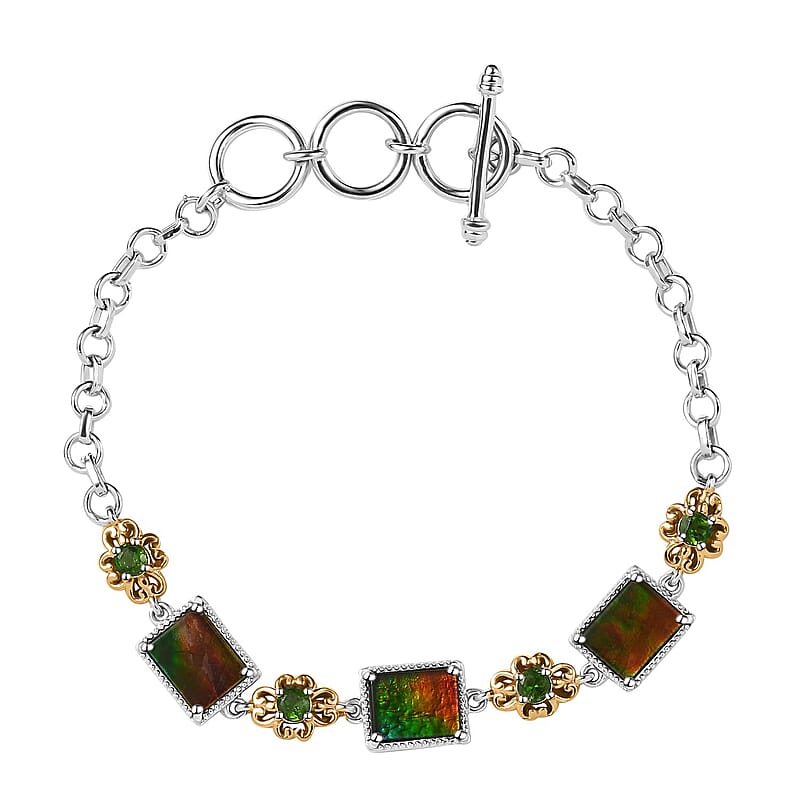 Canadian Ammolite and Chrome Diopside Toggle Clasp Bracelet in Vermeil Yellow Gold and Platinum Over Sterling Silver (6.50-8.0In) 0.80 ctw
