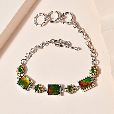 Canadian Ammolite and Chrome Diopside Toggle Clasp Bracelet in Vermeil Yellow Gold and Platinum Over Sterling Silver (6.50-8.0In) 0.80 ctw