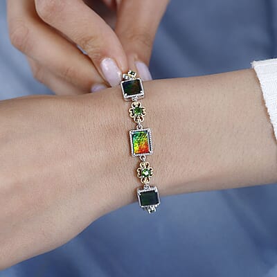 Canadian Ammolite and Chrome Diopside Toggle Clasp Bracelet in Vermeil Yellow Gold and Platinum Over Sterling Silver (6.50-8.0In) 0.80 ctw