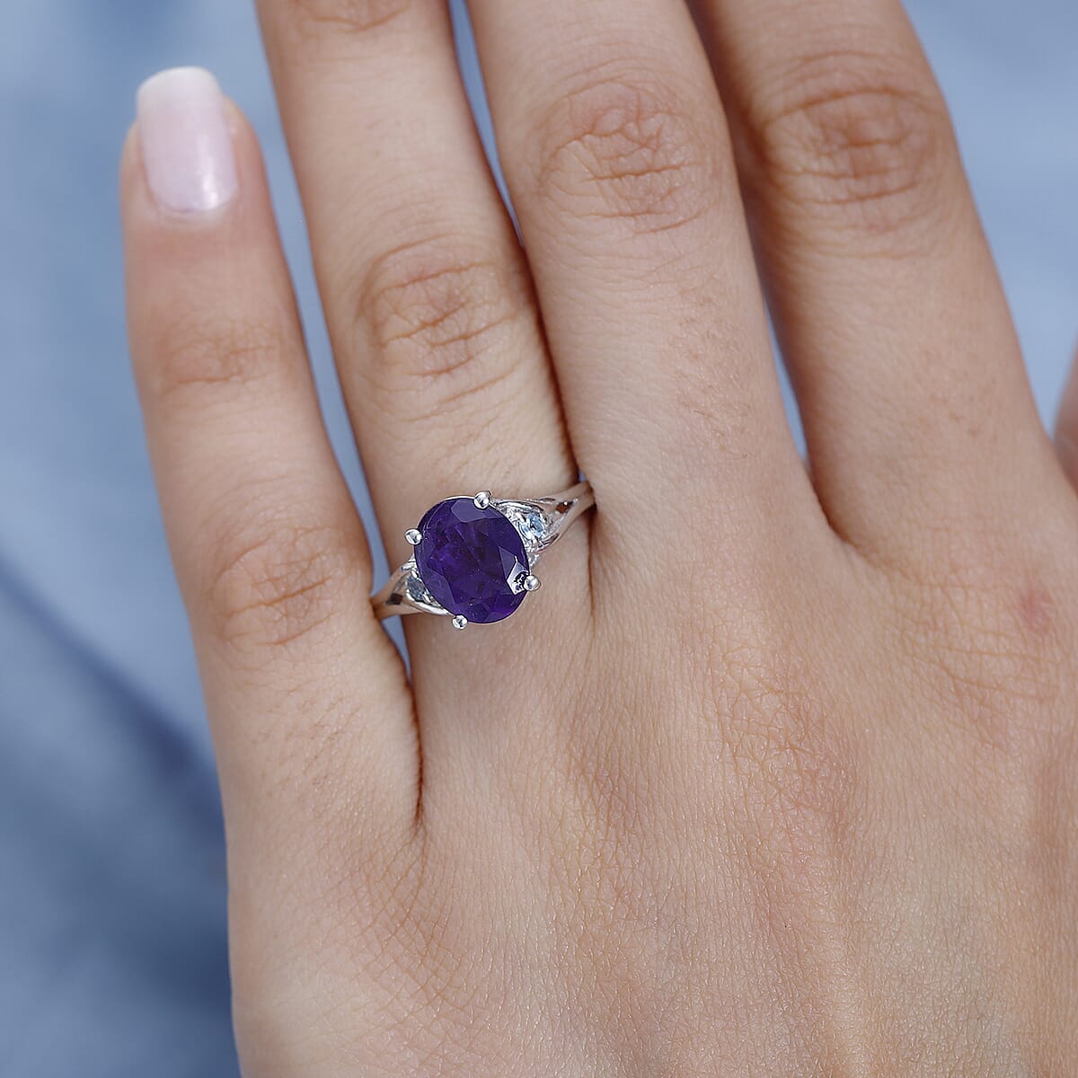 African Amethyst and Santa Maria Aquamarine Ring in Platinum Over Sterling Silver (Size 7.0) 2.50 ctw image number 2