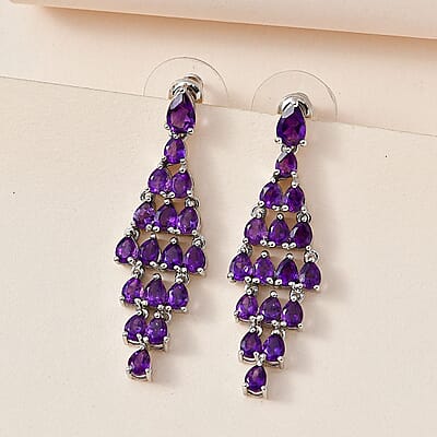 African Amethyst Dangling Earrings in Platinum Over Sterling Silver 4.50 ctw