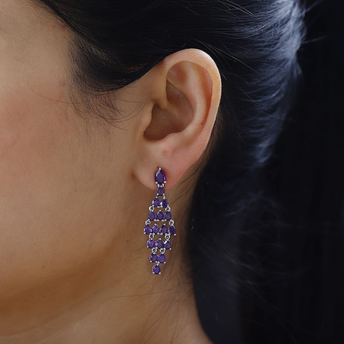 African Amethyst Dangling Earrings in Platinum Over Sterling Silver 4.50 ctw image number 2