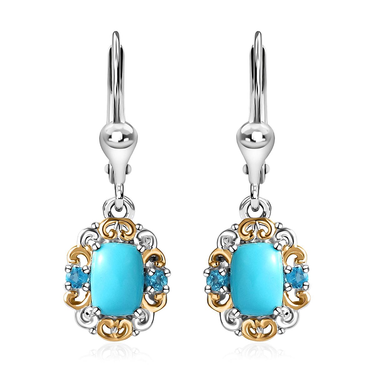 Premium Sleeping Beauty Turquoise and Malgache Neon Apatite Lever Back Earrings in Vermeil YG and Platinum Over Sterling Silver 1.85 ctw