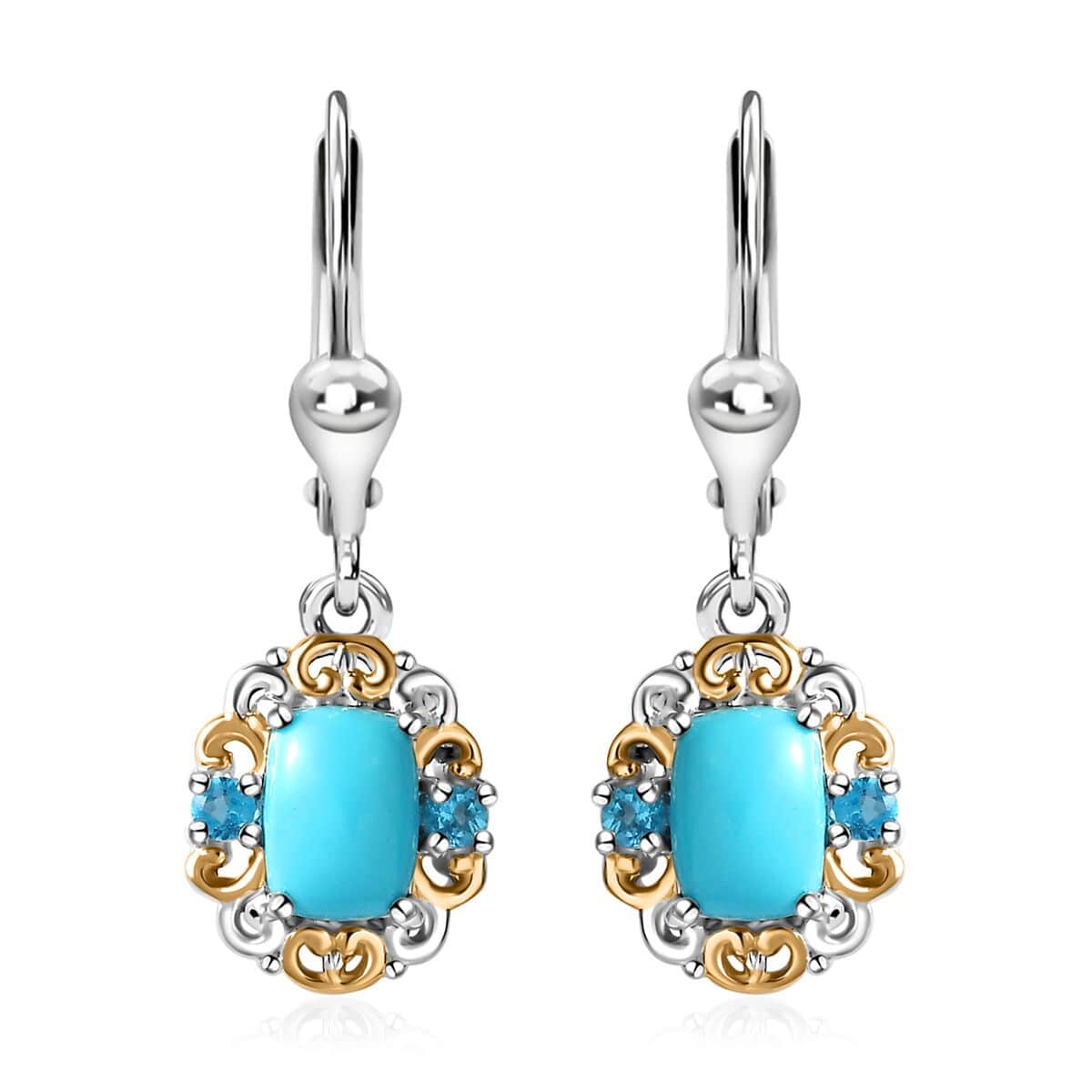 Premium Sleeping Beauty Turquoise and Malgache Neon Apatite Lever Back Earrings in Vermeil YG and Platinum Over Sterling Silver 1.85 ctw image number 0