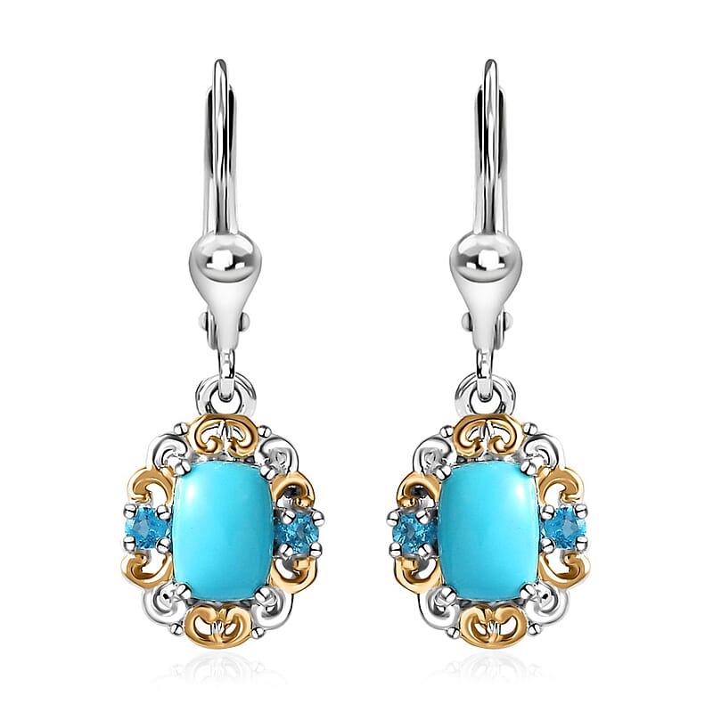 Premium Sleeping Beauty Turquoise and Malgache Neon Apatite Lever Back Earrings in Vermeil YG and Platinum Over Sterling Silver 1.85 ctw
