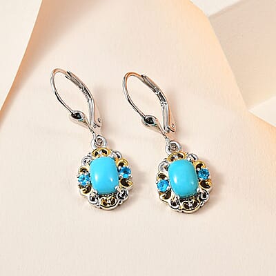 Premium Sleeping Beauty Turquoise and Malgache Neon Apatite Lever Back Earrings in Vermeil YG and Platinum Over Sterling Silver 1.85 ctw