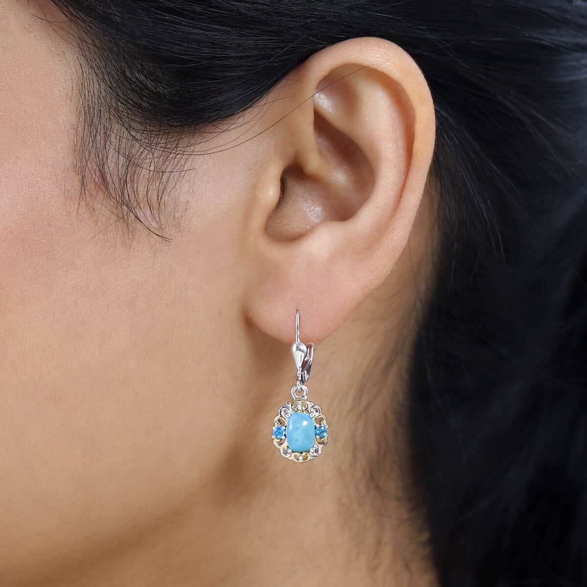 Premium Sleeping Beauty Turquoise and Malgache Neon Apatite Lever Back Earrings in Vermeil YG and Platinum Over Sterling Silver 1.85 ctw image number 2