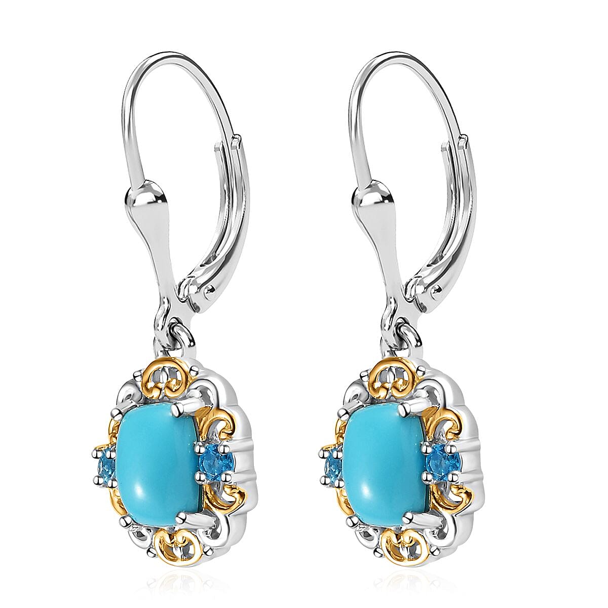 Premium Sleeping Beauty Turquoise and Malgache Neon Apatite Lever Back Earrings in Vermeil YG and Platinum Over Sterling Silver 1.85 ctw
