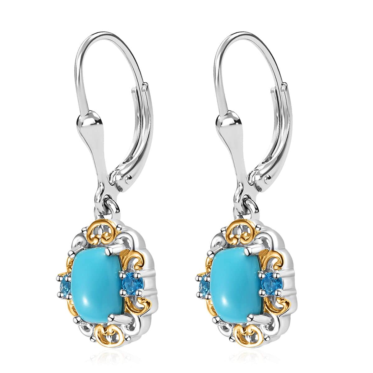 Premium Sleeping Beauty Turquoise and Malgache Neon Apatite Lever Back Earrings in Vermeil YG and Platinum Over Sterling Silver 1.85 ctw image number 3