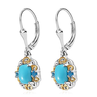 Premium Sleeping Beauty Turquoise and Malgache Neon Apatite Lever Back Earrings in Vermeil YG and Platinum Over Sterling Silver 1.85 ctw